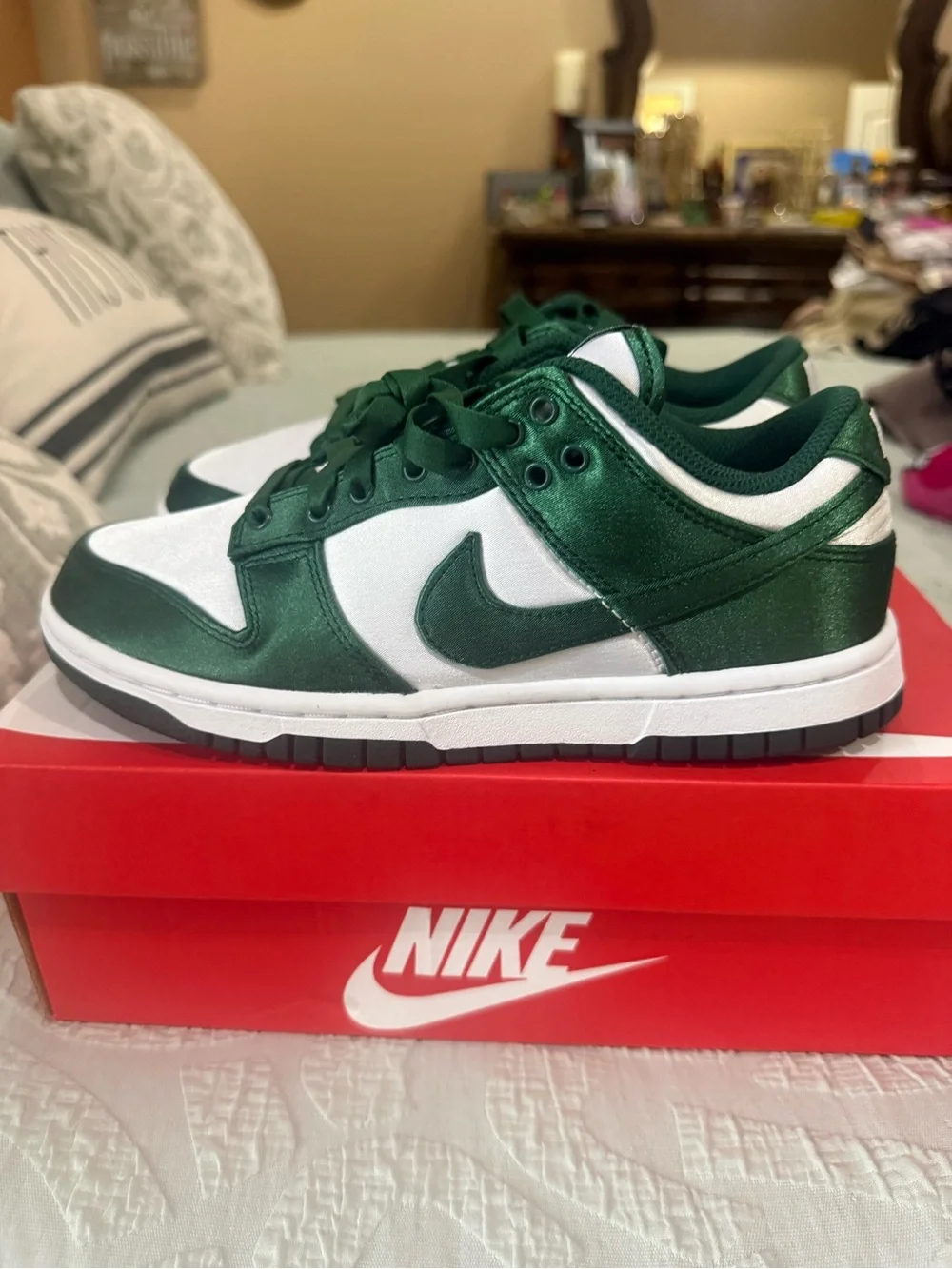 Nike Kids Dark Green Satin and White Low-Top Sneakers